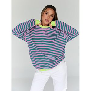 Oversized Sweatshirt Women Striped Long Sleeve Drop Shoulder Crewneck Knitted Cotton <b>Y2K</b> <b>Top</b> Casual Wear - Product Image 3