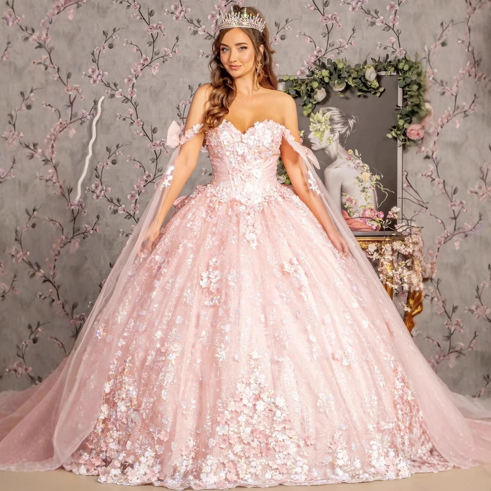 strapless open back dress Blush Pink Sequin Dress – Puff Sleeves & Pearl Straps – Princesscore Aesthetic Pink / S main image 1