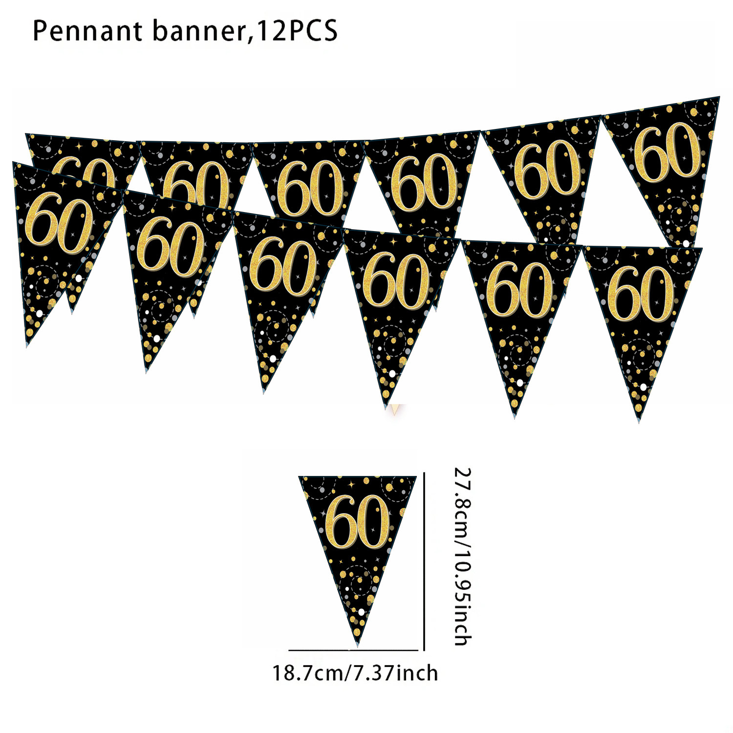 Banderas triangulares 12 piezas - negro y dorado 60 cumpleaños