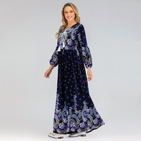 RO9200 Vêtement islamique vintage, abaya à imprimé floral, col à nouer avec pompon, manches longues lanternes, robe maxi pour femmes modestes, tenue de soirée