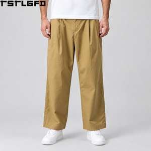 Pantalon plissé ample pour homme OEM/ODM, kaki, jambes larges, double pli, coupe décontractée, en sergé de coton, style streetwear Y2K, vente en gros - Product Image 1