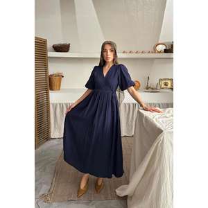 Vestidos de Noche de Muselina Azul Marino al por Mayor con Abertura, Estilo Cola de Pez, Cintura Imperio, Largos hasta la Rodilla y hasta el Suelo, y de Tres Cuartos para Fiesta - Product Image 2