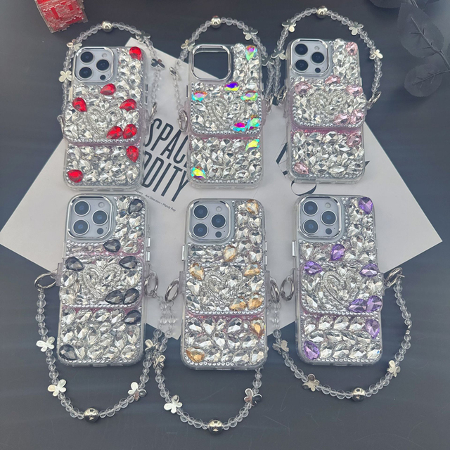 Bling Diamond Phone Case for iPhone 16 Pro Max Mirror Back Clip Stand Full Rhinestones Ladies case 15 Pro Cover with Hand Straps