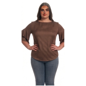 Women's Vintage Breathable Brown Polka Dot Chiffon Blouse O-Neck <b>Cap</b> <b>Sleeve</b> Loose Fit Casual Daily <b>Top</b> All Seasons - Product Image 1