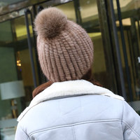 Damen Verdickte Warme Nerzfell-Strickmütze mit Fuchspelz-Bommel Neuer Stil Komfortabler Stoff Winddicht
