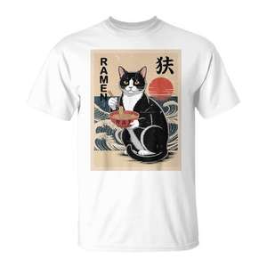 Camiseta para papá amante de los gatos con diseño de gato Tuxedo comiendo ramen Kawaii - Product Image 1