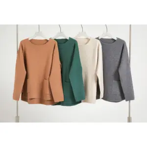 2020 新款长袖纯色圆领套头毛衣口袋的妇女 (4 种颜色)