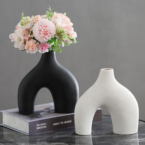 مزهرية سيراميك, مزهرية سيراميك بيضاء وسوداء عالية الجودة مجموعة مكونة من 2 لتزيين المنزل العصري مزهريات دونات مطفأة مستديرة لأعشاب بامبا - Product Image 2