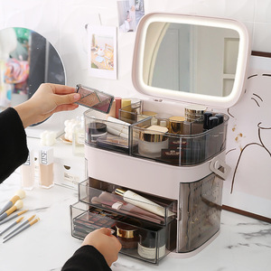 Cosmetic <b>Storage</b> Box With Mirror And <b>Drawers</b> For Makeup Organizer <b>Plastic</b> Dustproof White And Pink - Product Image 1