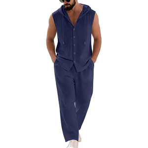 Ensemble d'été décontracté pour <span class=keywords><strong>homme</strong></span> en fibre <span class=keywords><strong>de</strong></span> bambou, coupe ample, uni, avec chemise sans manches à capuche ornée <span class=keywords><strong>de</strong></span> strass et pantalon droit, pour les vacances - Product Image 3