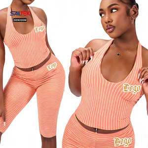 ชุดเซ็ตทูพีซเสื้อครอปคอ halter ลายทางแบบริบและกางเกงขาสั้นเอวสูงทรง biker สำหรับผู้หญิง ชุดเข้าเซ็ตสุดเซ็กซี่สำหรับฤดูร้อน - Product Image 1