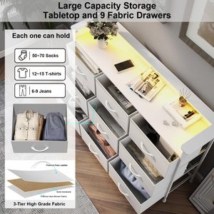<span class=keywords><strong>Commode</strong></span> moderne <span class=keywords><strong>blanche</strong></span> pour chambre à coucher avec lumières LED 8 <span class=keywords><strong>tiroirs</strong></span> en tissu Grande tour de rangement Cadre en acier inoxydable Dessus en bois - Product Image 5