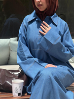 Nouvelle Robe Abaya en Jean Modeste Design Willson sur Mesure pour Femmes Musulmanes, Robe Longue en Coton Bleue Coupe Oversize