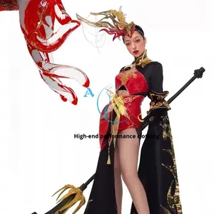 <span class=keywords><strong>Costume</strong></span> da Spettacolo Gogo Personalizzato di Alta Gamma ODM per la Festa di Metà Autunno, Motivo Drago Nuvola Oro Nero, Stile Cinese Heavy Metal per Donna - Product Image 4