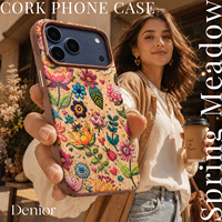 Funda de Corcho de Lujo con Bordado para Apple Serie 18 17 16 15 14, Carga Inalámbrica Magnética, Cubierta de Madera Ecológica