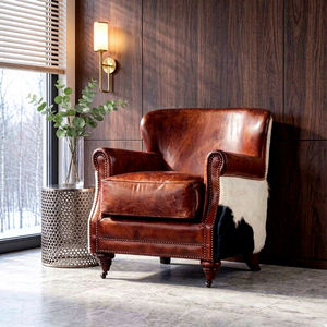 <span class=keywords><strong>Poltrona</strong></span> di Lusso <span class=keywords><strong>Vintage</strong></span> in Pelle di Vacchetta con Schienale in Pelliccia di Mucca, Sedia Singola Reale per Soggiorno e <span class=keywords><strong>Camera</strong></span> <span class=keywords><strong>da</strong></span> Letto - Product Image 1