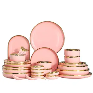 Luxury Pink Ceramic Dinnerware Set Round Restaurant Hotel Salad Soup Bowls Plate Set Elegant Pink Dinner Plates