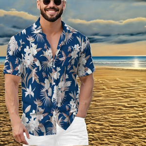 <b>Men's</b> Hawaiian Twill Knitted Short Sleeve Button Down Casual <b>Shirts</b> Summer Printed Tropical Floral Aloha Beach Quick Dry - Product Image 2
