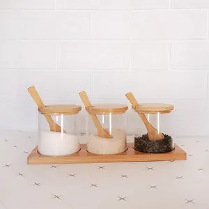 Gewürzglas-Set drei Gläser mit drei Löffeln und einem Tray versiegelte Gewürzdose in Lebensmittelqualität Kombinationsset