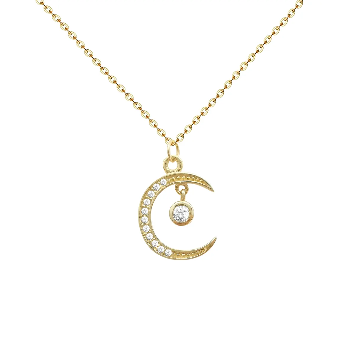 Pendant Chain Necklace Jewelry Gold Cubic Zirconia Fashion Korean Style Moon Shape 14K Yellow Link Chain Necklaces Wedding Gift