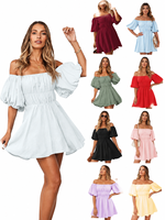 Robe mini éco-responsable unie pour femme, coupe trapèze, épaules dénudées, manches lanternes, taille smockée et taille haute, ODM/OEM