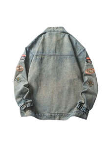 Chaqueta vaquera para hombre, lavada a la piedra, manga larga, cuello alto, cremallera, bordado con letras, ajuste holgado, transpirable, para todas las estaciones - Product Image 2