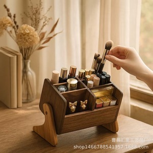 Wooden <b>Desktop</b> Cosmetic Organizer Solid Wood Makeup Brush Lipstick Storage Rack For Skincare Perfume Jewelry Household Use - Product Image 3