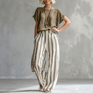 Ensemble décontracté pour femmes, pantalon et haut rayés bleus, coupe ample, style européen, pour un usage quotidien, tailles S M L XL 2XL 3XL - Product Image 4
