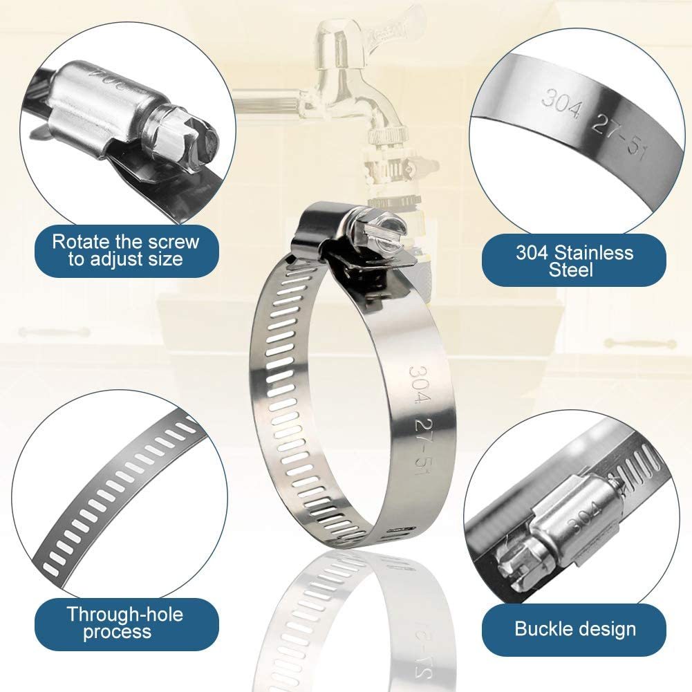 Hose Clamps 1/4-2 in (6-51mm) Adjustable Range 304 Stainless Steel Worm Gear Hose Clamps Assortment Kit for Fuel Line, Plumbing, · image 3