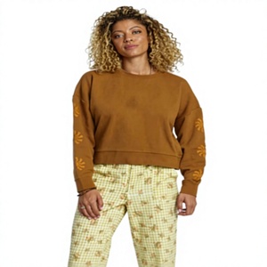 Sweat-shirt surdimensionné pour femme, couleur moutarde, avec manches imprimées soleil, col rond, coupe classique, vêtement d'automne, tricoté en coton et fibre de bambou - Product Image 1