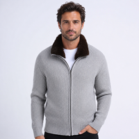Cardigan en laine et coton mélangés pour hommes, col en fausse fourrure amovible, fermeture éclair bidirectionnelle, logo personnalisé, OEM, tricot d'hiver en gros