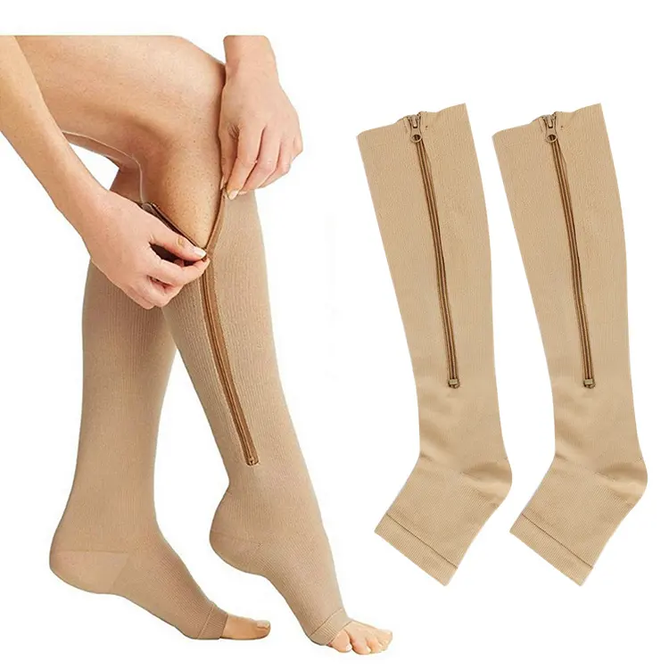 Spor tıbbi anti-varisli açık ayak fermuar çorap 20-30 mmHg diz yüksek uzun varis çorabı