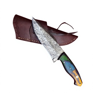 Couteau de camping en acier Damas avec manche en bois et étui en cuir, lame de survie pour activités de plein air - Product Image 1