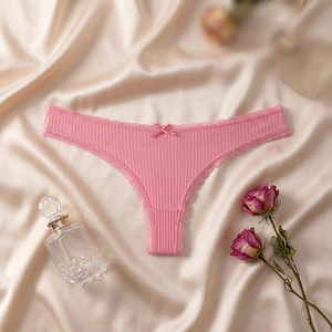 Culotte string côtelée rose en coton respirant pour femme, taille basse, grande taille, avec nœud, vente en gros, OEM ODM - Product Image 2