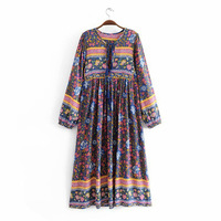 204 impression florale longue robe bohême col en V à manches longues taille haute femmes décontracté coreen style longueur de plancher