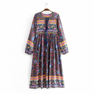 204 impression florale longue robe bohême col en V à manches longues taille haute femmes décontracté <span class=keywords><strong>coreen</strong></span> style longueur de plancher - Product Image 2