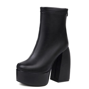 High Block <b>Heels</b> Big Size 48 Women Short Platform Ankle Boots <b>Round</b> <b>Toe</b> Spring Autumn High-Heeled Wide Fit Shoes - Product Image 5