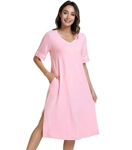 Liquidación de camisones: Pijama de mujer con cuello en V, manga corta, color liso, largo hasta la rodilla, de algodón suave, ropa de dormir. - Product Image 4