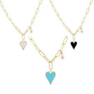 Gemnel New Simple Design Jewelry Heart Shape Mother Of Pearl Turquoise Onyx Charm Pendant With Pearl CZ Necklace