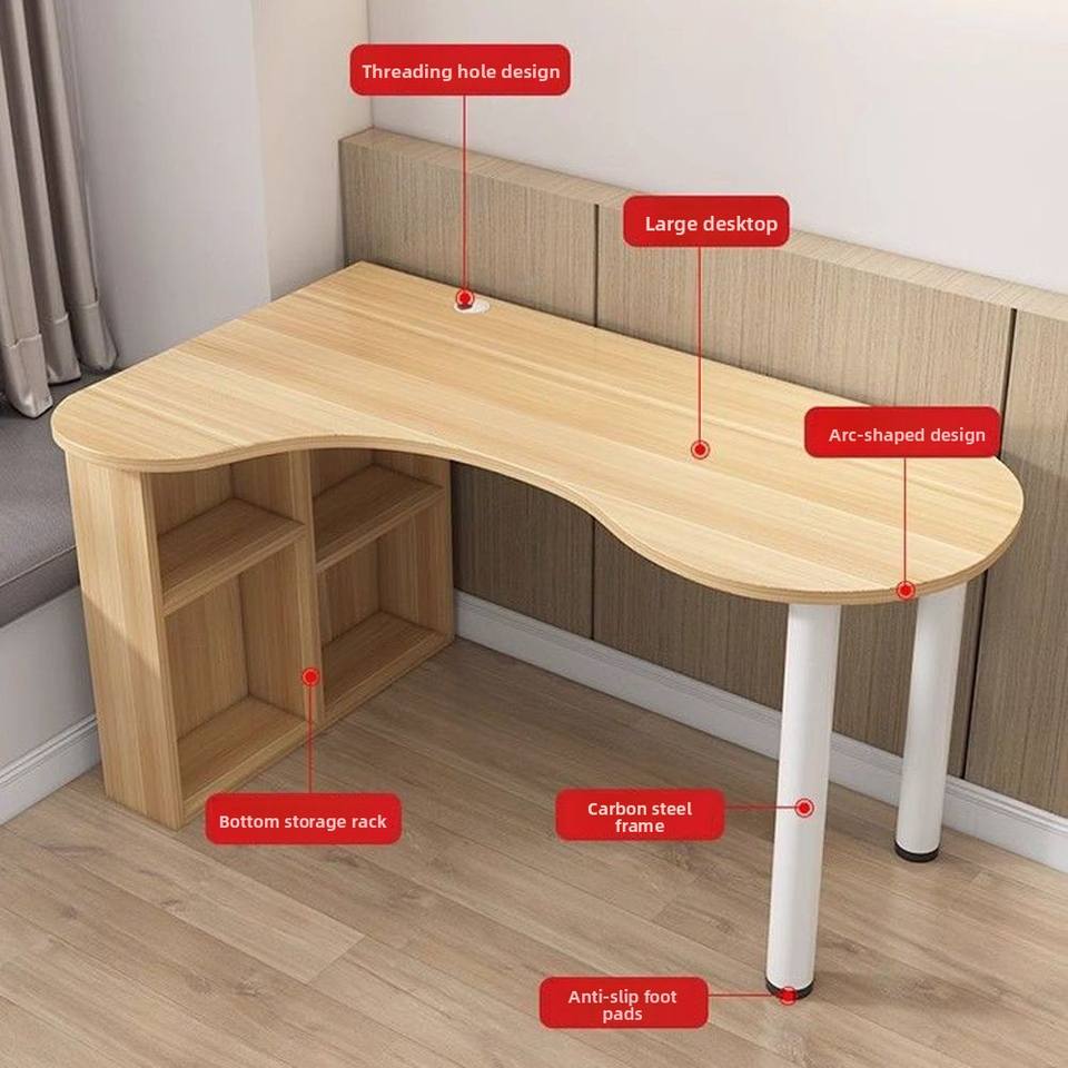 Wood Corner Desk Curved Computer Desk with Bookcase Nordic Style ...