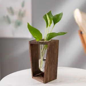 Home Decoration Solid Wood Flower Pot Creative glass vase with wood base small vase for flower vase for home decor