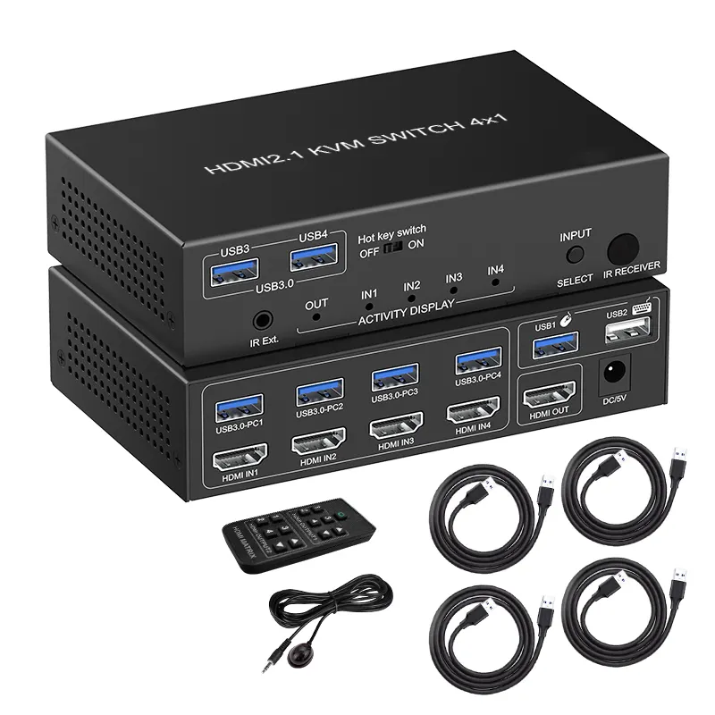 محول منفذ HDMI KVM 8K 4X1 مع منفذ USB3.0 KVM محول منفذ USB يدعم 4K120Hz 4:4:4 ومفتاح تحويل سريع HDR