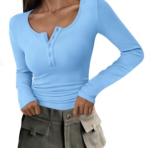 Ropa de Mujer, Tops, Camisetas de Punto de Manga Corta, Otoño 2025, Botones, Tejido Acanalado, Corte Regular, Casual, Verano, Secado Rápido, Antiarrugas - Product Image 3