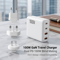 Chargeur rapide multi-ports 100W GaN avec prises interchangeables EU, UK, AU, USB-C, USB-A, adaptateur secteur PD QC pour ordinateur portable et téléphone