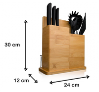 Un support de rangement pour ustensiles de cuisine en bois naturel, qui peut contenir des couteaux et des fourchettes, et est utilisé pour organiser le comptoir.