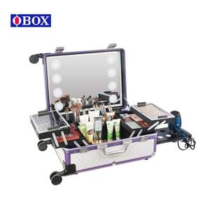 Trousse de maquillage Obox 2023 grande capacité avec cadre en aluminium et poignée amovible, motif cube d'eau éblouissant violet et blanc - Product Image 3