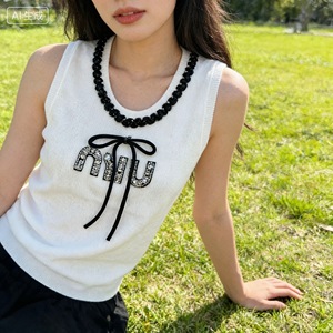 <span class=keywords><strong>Gilet</strong></span> en tricot <span class=keywords><strong>blanc</strong></span> élégant orné de strass pour <span class=keywords><strong>femme</strong></span>, haut <span class=keywords><strong>sans</strong></span> manches à col noué et perles, style preppy de luxe - Product Image 5
