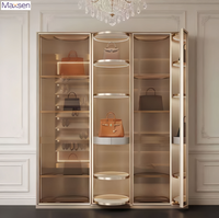 Vitrine murale de présentation de sacs sur mesure, haut de gamme, écologique, robuste, avec étagères circulaires en métal doré et éclairage LED Maxsen