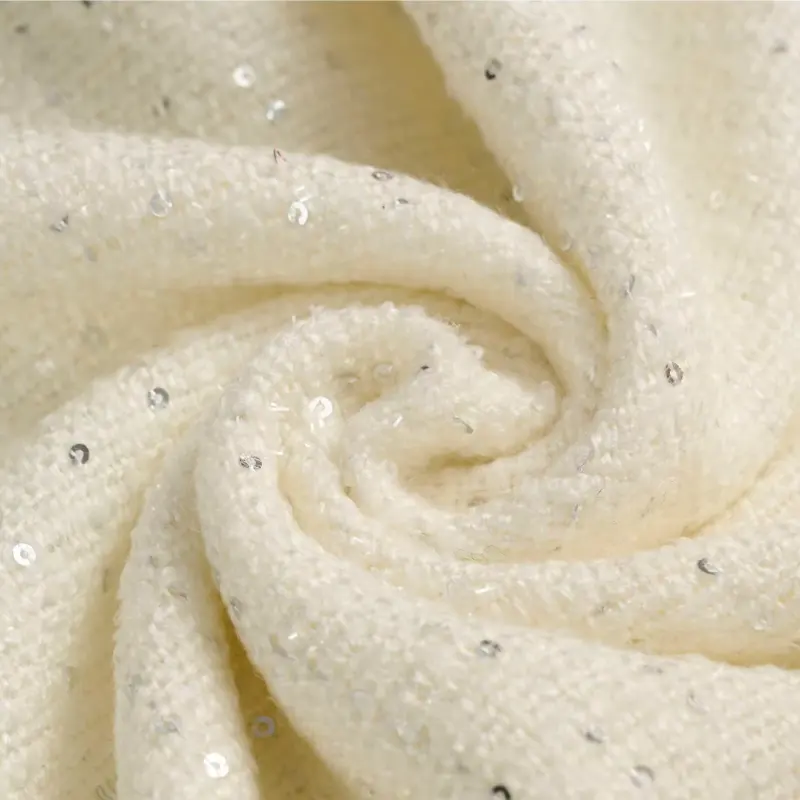 Tecido de poliéster glitter para roupas de Tweed com linha de seda brilhante branca incrustação de fábrica