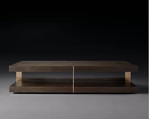 Table basse en chêne fumé foncé à deux niveaux, design moderne de luxe avec accents en laiton, table basse carrée en bois à double couche flottante - Product Image 3